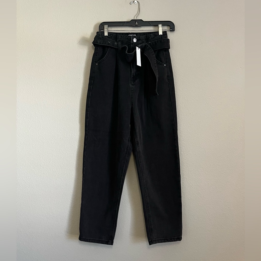 INSANE GENE washed black high-rise‎ belted paperbag slouch waist jeans size 24
